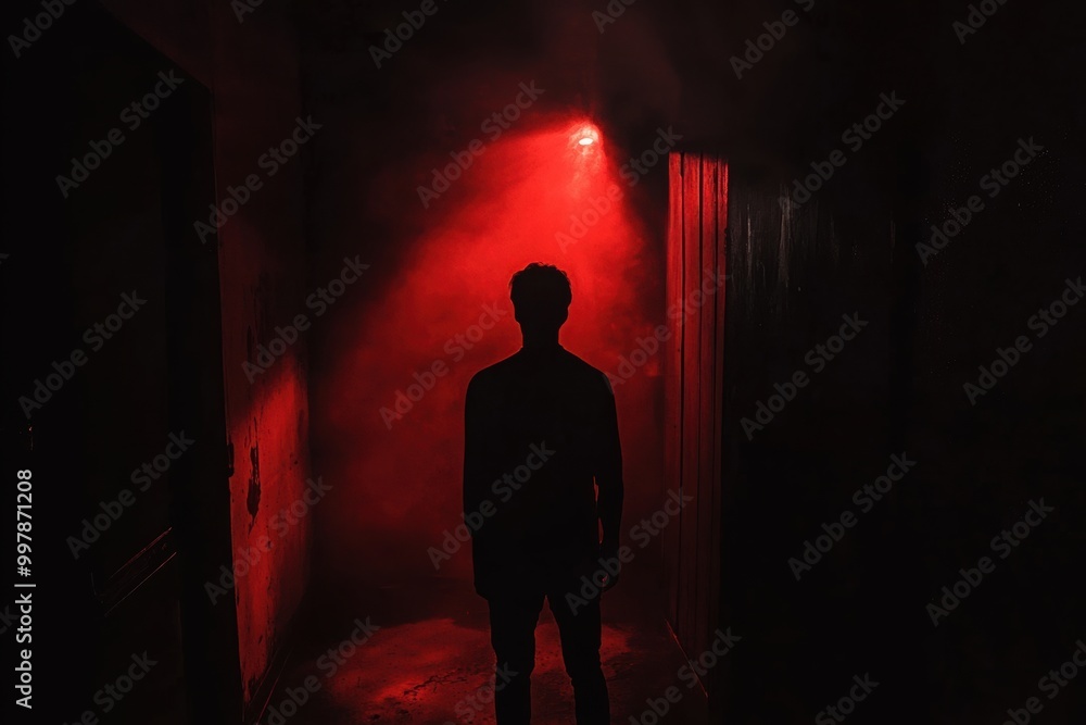 Poster a solitary figure is illuminated by a spotlight in a dark room, creating an intense atmosphere of fe