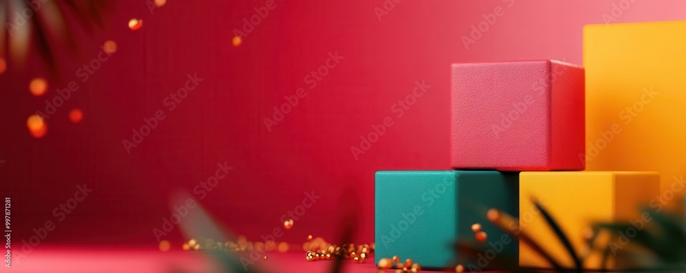 Aufkleber colorful geometric blocks on a bright gradient background with sparkles.