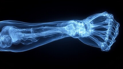 Naklejka premium A translucent blue skeletal hand in a fist shape with the forearm visible on a black background.