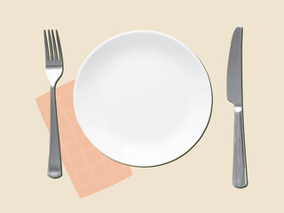 Served table - empty white plate, fork knife and napkin, top view. Modern collage vector illustration