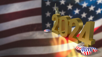 The brooch vote and statue of liberty on USA flag for U.S. presidential election concept 3d rendering.