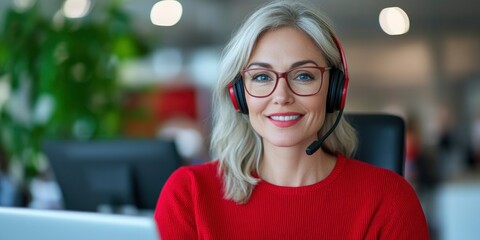Mature, busy business woman working as a customer service representative in a contact center, smiling and wearing a headset while using a laptop computer in her office.