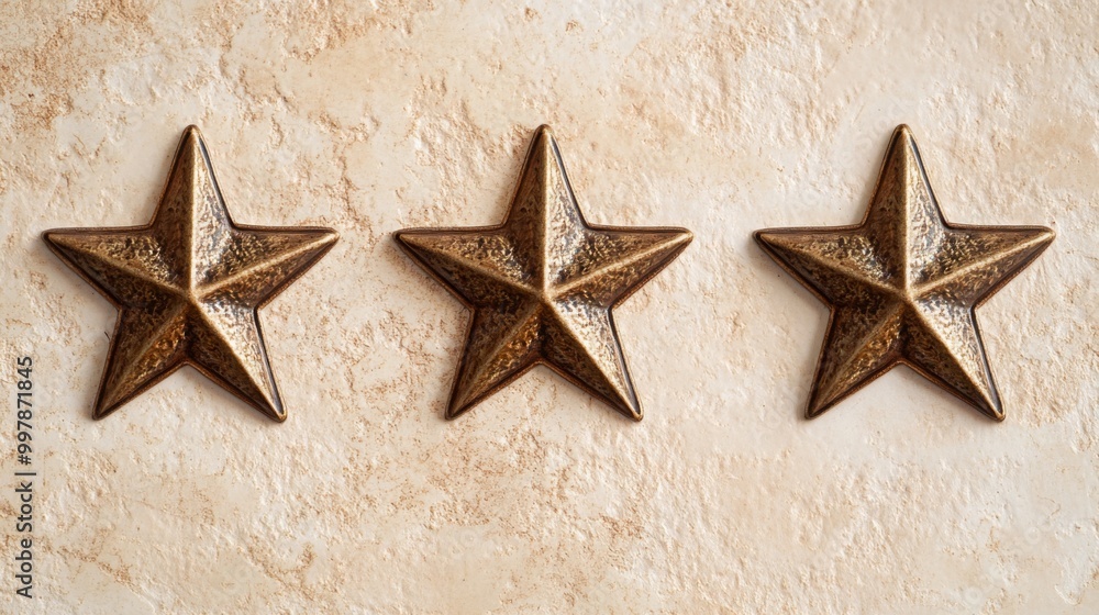 Poster Three bronze five-pointed stars are positioned in a straight line against a light, textured background. Their shiny surfaces reflect light, creating an appealing contrast with the backdrop.