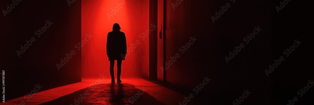 Poster in a dark environment, a lone figure is bathed in red light, creating an intense atmosphere filled w