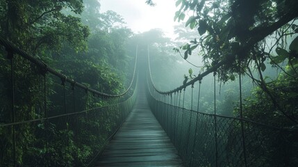 Obraz premium Misty Jungle Bridge: A Serene Path Through Lush Greenery