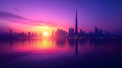 Naklejka premium Modern cityscape featuring skyscrapers with sunset reflections on glass facades