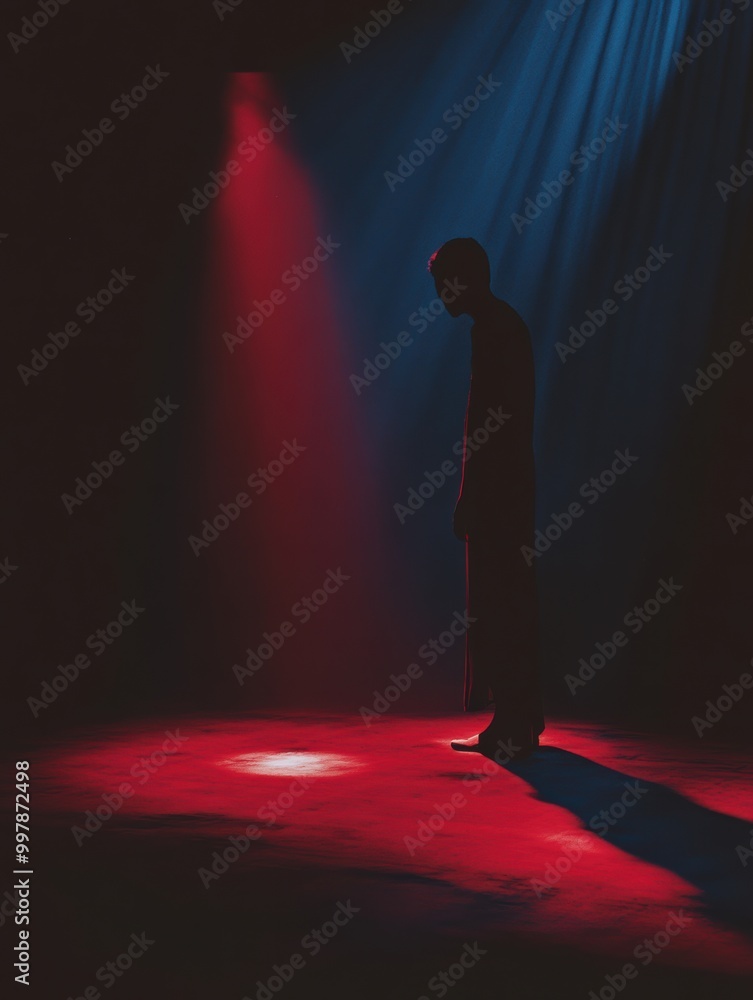 Aufkleber A shadowy figure is highlighted by a single spotlight in a dimly lit room. The intense colors create a sense of unease and tension. Generative AI