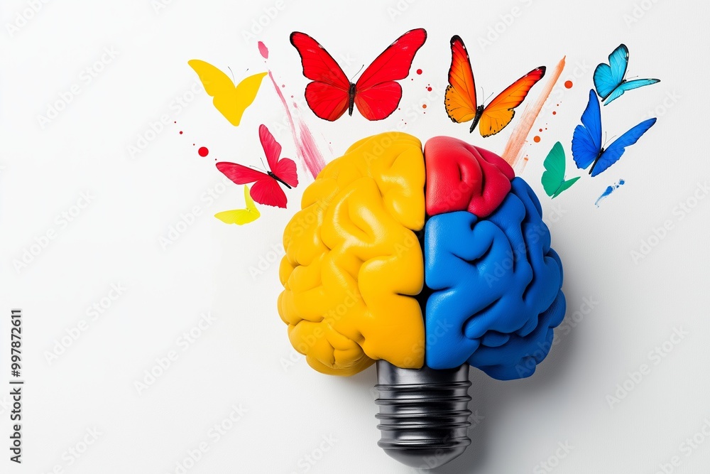 Poster brain with a light bulb inside of it. the bulb is yellow and blue. there are butterflies around the 