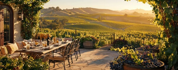 A sophisticated vineyard patio with an elegant outdoor dining setup, overlooking rolling hills covered in grapevines, just as the sun sets