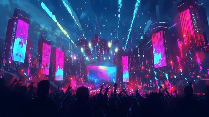 Vibrant Retro-Futuristic Music Festival with Pulsing Lights and Energetic Pixel Crowd