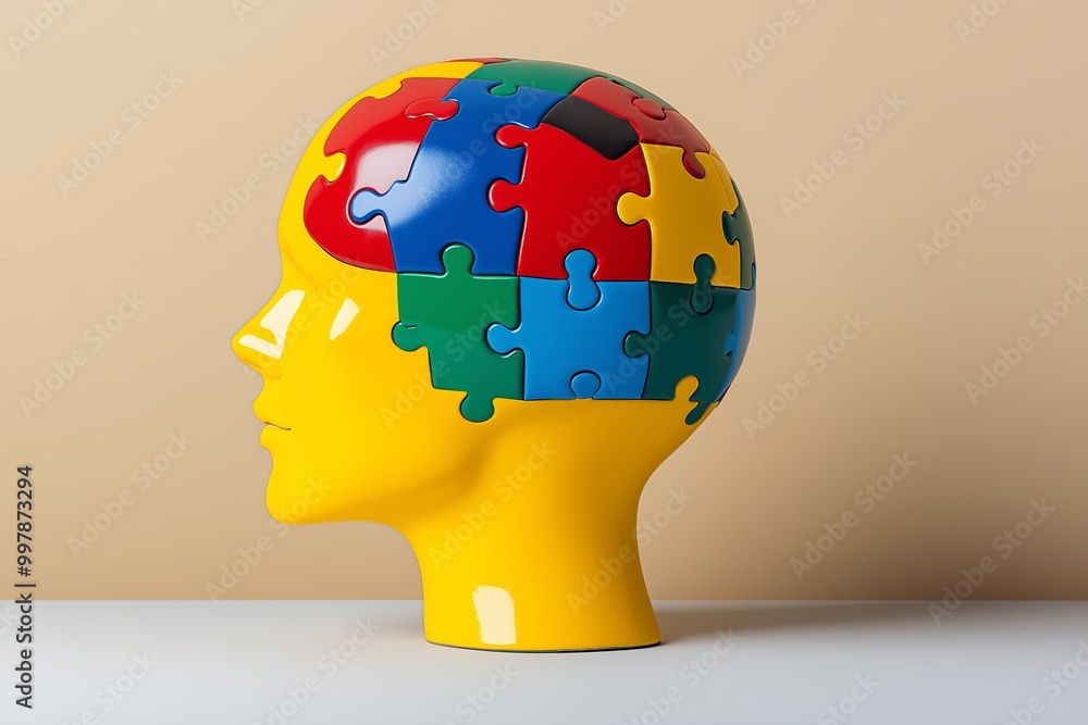 Poster head made of colorful blocks. the blocks are arranged in a way that they form a face. human head wit