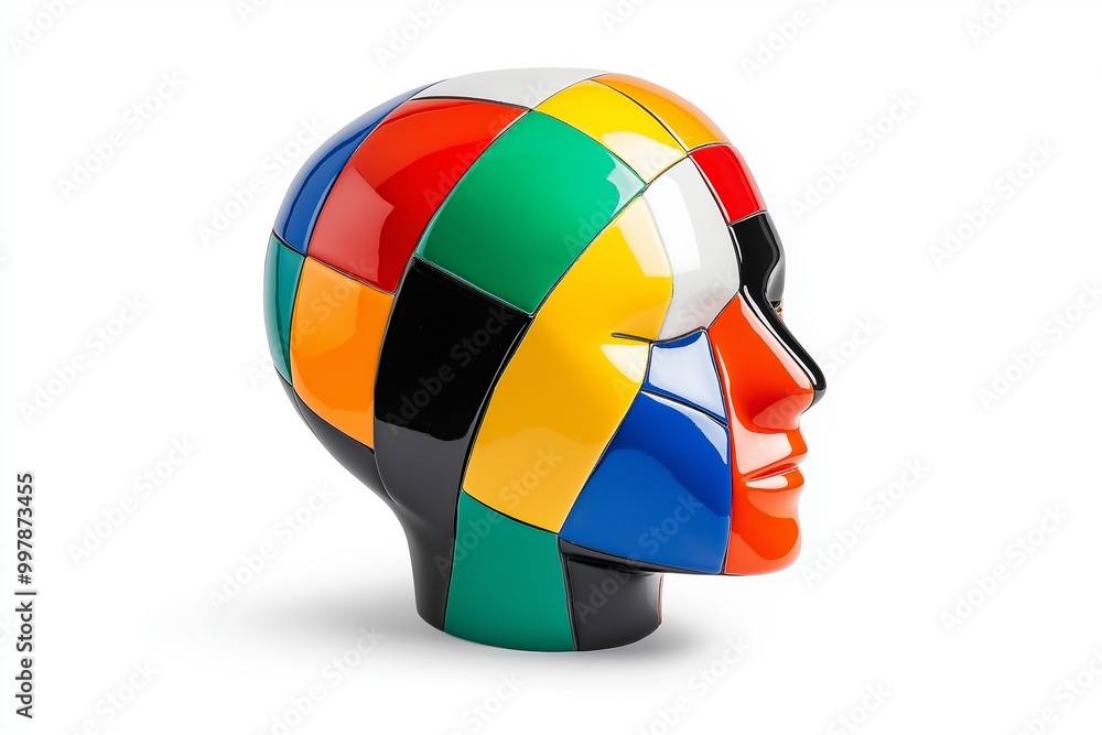 Poster head made of colorful blocks. the blocks are arranged in a way that they form a face. human head wit