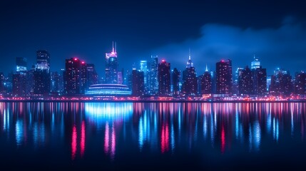 Modern skyscrapers reflecting vibrant sunset colors in a bustling cityscape