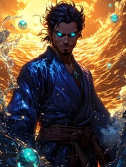 Fototapeta premium Majestic Water Mage Wielding Shimmering Elemental Powers in Enchanting Ocean Backdrop