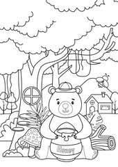 Coloring book for children of a cute bear with a honey pot in the forest