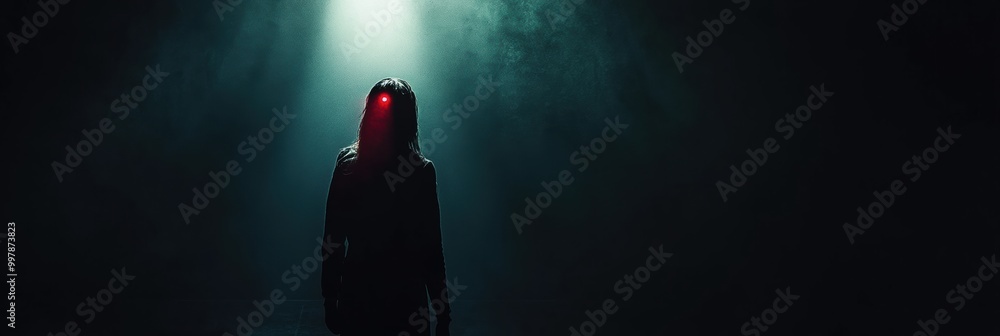 Poster in a dimly lit space, a lone figure is highlighted by a spotlight, evoking feelings of dread and ten