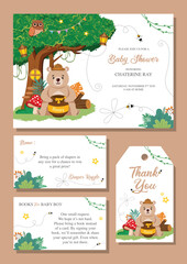 Baby shower invitation card template with cute bear and tree