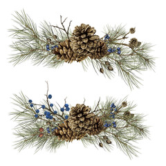 Pine branches and fluffy cones. Set of forest compositions, red and blue winter berries. Watercolor illustration in digital format. Spruce twig isolated on the background. For fall and Christmas theme