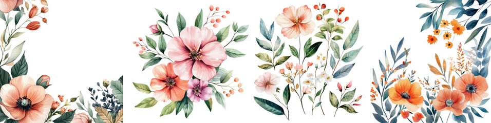 Obraz premium Set of watercolor calla lilies with green leaves isolated on white background