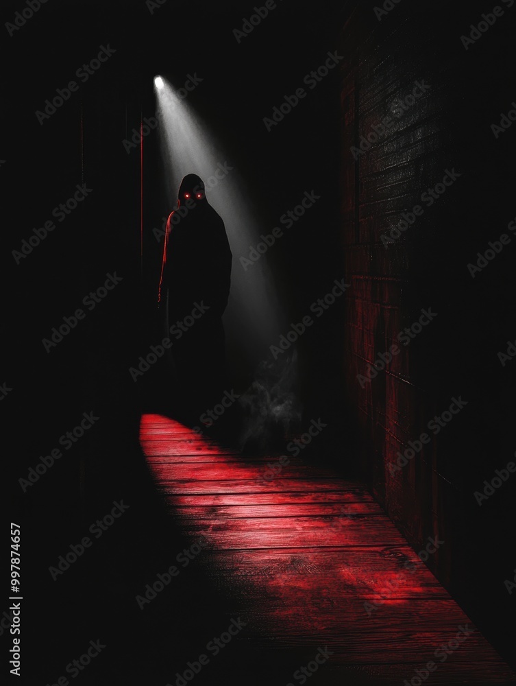 Poster in a dimly lit space, a figure shrouded in darkness emerges, highlighted by a solitary spotlight, cr