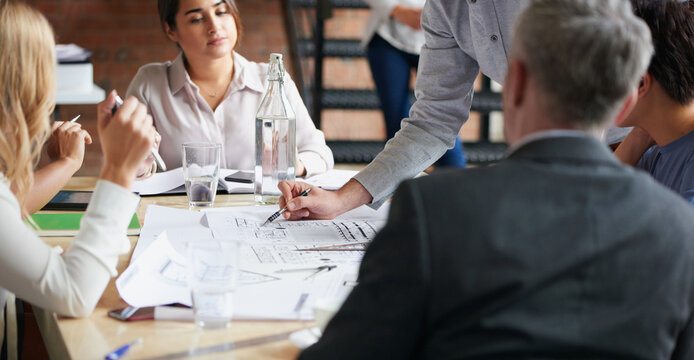 Architecture, discussion and business people in office with blueprint, advice and creative collaboration. Building, development and team in meeting with floor plan, ideas or workshop at design agency
