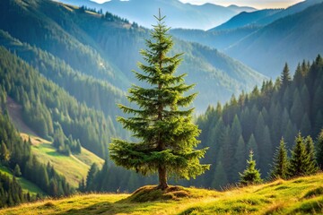 Extreme close-up vertical landscape, lonely spruce tree, mountain valley