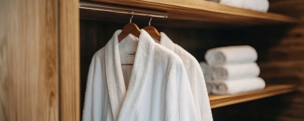 Fresh white bathrobe hanging in wooden wardrobe at luxury hotel. Relax and travel concept