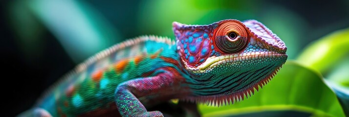 closeup of a colorful chameleon lizard on blur background