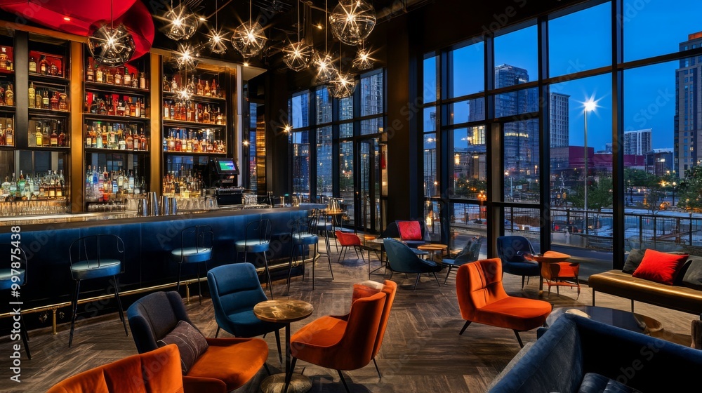 Poster An inviting bar features an elegant design with colorful seating arranged around small tables, illuminated by stylish light fixtures. Large windows reveal a vibrant city skyline under evening skies.