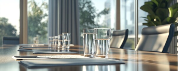 Detailed view of a conference room including a big window, chairs, papers, and glasses of water on the table.