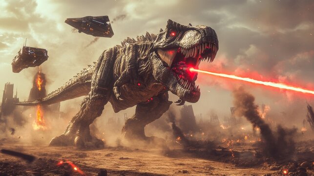 Tyrannosaurus Rex Laser Battle: A Futuristic Apocalypse - Powered by Adobe