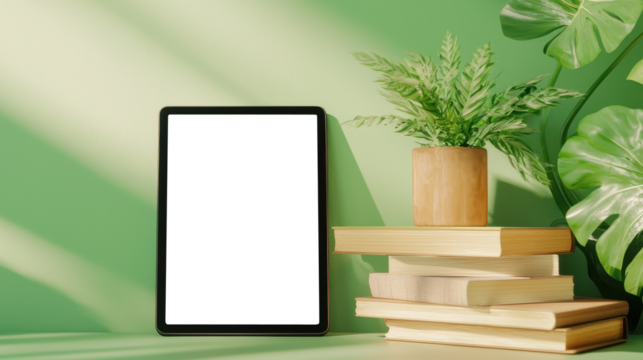 Transparent tablet screen on wooden table with books and potted plant in a bright room