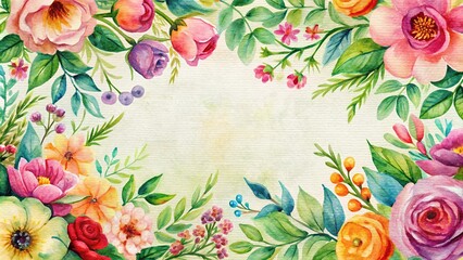 Obraz premium Extreme close-up watercolor painting of flowers and leaves on canvas border