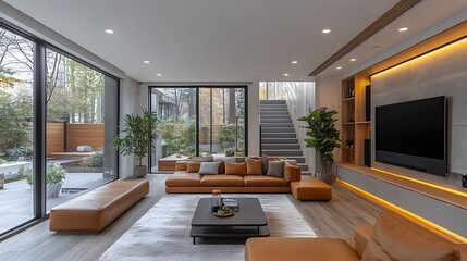 Fototapeta premium Open-concept living space with minimalist decor, smart home technology, and sleek furniture