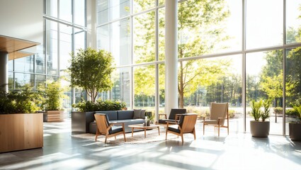 Obraz premium A Bright and Inviting Lounge Filled with Lush Greenery, Showcasing Modern Furniture and Expansive Windows That Create a Warm and Welcoming Atmosphere Perfect for Relaxation.