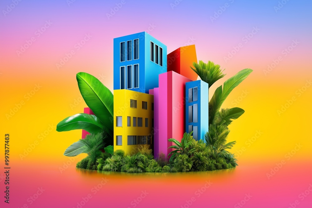 Poster colorful building with a green leaf on top. the building is surrounded by trees and plants. the leav