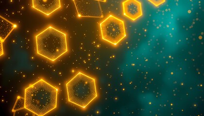 Golden Hexagons in Motion Abstract Art with Sparkling Floating Particles