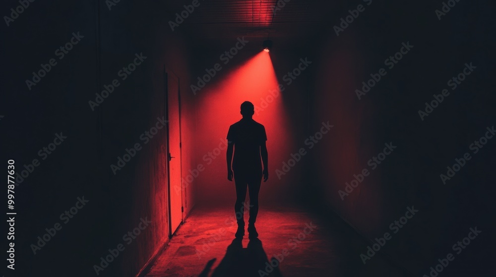 Poster a lone figure is illuminated by a spotlight in a dark room, surrounded by deep shadows, evoking feel
