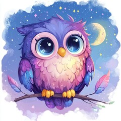 Obraz premium Adorable owl sitting on a branch with moon and stars in the background, fantasy cartoon art