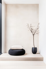 Minimalist interior design featuring a cozy seating area and a decorative plant in a modern home