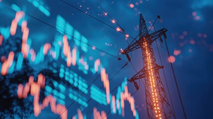 stock market graph with electric pole with blue black energy business