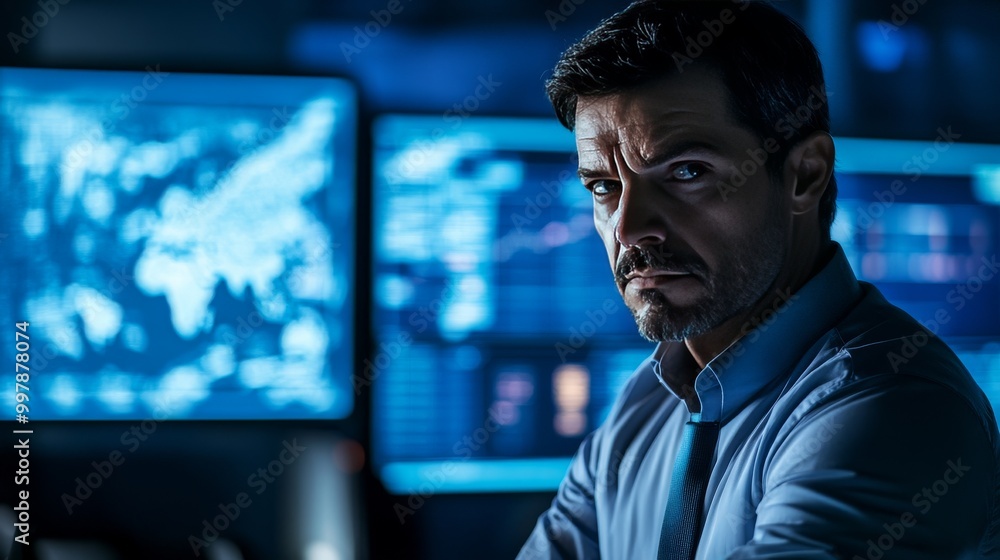 Aufkleber focused man working on computer screens - data analysis and cybersecurity