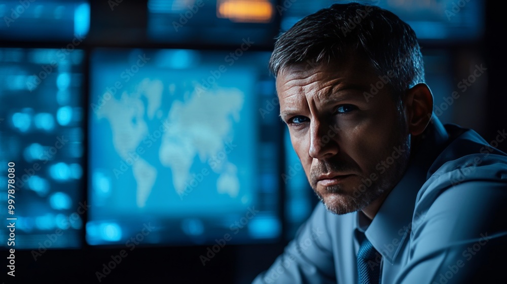 Poster focused man working on computer with world map - cybersecurity professional