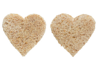 Heart shaped whole wheat bread isolated on transparent background