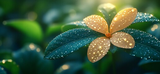 Dew-covered flower with green leaves.