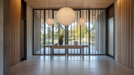 An elegant Scandifornian foyer with glass doors