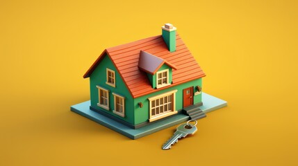 Green House with Orange Roof and Key on Yellow Background