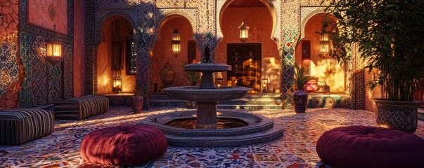 A vibrant Moroccan courtyard with an ornate fountain, colorful mosaic tiles, plush poufs, and lanterns casting patterned shadows at twilight