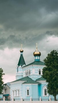 Belarus. St. John The Korma Convent Church In Korma Village, Dobrush District, Belarus. Famous Orthodox Church Against Background Of An Approaching Storm