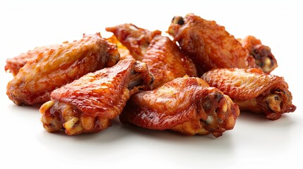 Crispy fried chicken wings in dynamic arrangement against white background, showcasing ultra-realistic fast food detail with high-definition 